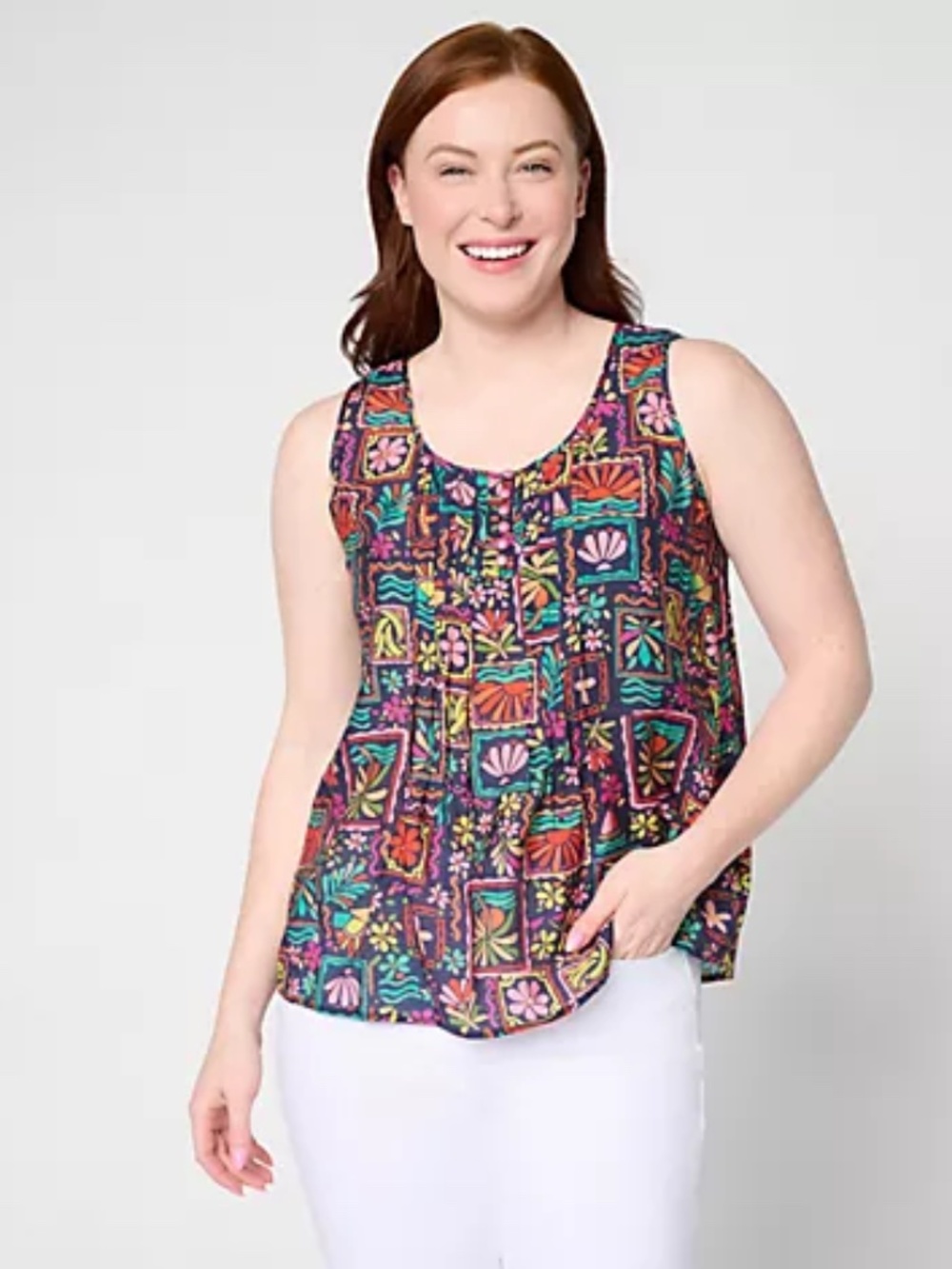 Susan Graver Printed Woven Henley Sleeveless Top, Multi Sz L a728306